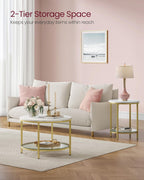 VASAGLE Round Coffee Table, Small Coffee Table with Faux Marble Top and Glass Storage Shelf, 2-Tier Circle Coffee Table, Modern Center Table for Living Room, Marble White and Pale Gold ULCT072W59 - Grand Goldman