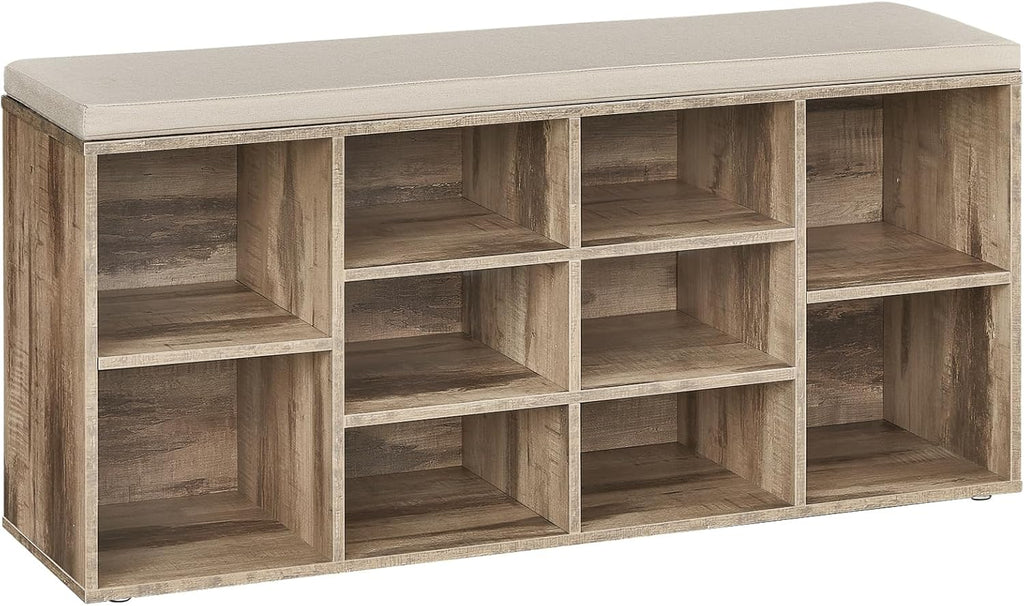 VASAGLE Shoe Bench with Cushion, Storage Bench with Padded Seat, Entryway Bench with 10 Compartments, for Bedroom, 11.8 x 40.9 x 18.9 Inches, Cloud White and Dove Gray ULHS10WT - Grand Goldman