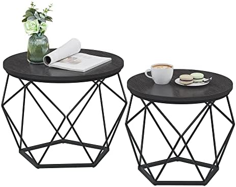 VASAGLE Small Coffee Table Set of 2, Round Coffee Table with Steel Frame, Side End Table for Living Room, Bedroom, Office, Rustic Brown and Ink Black - Grand Goldman