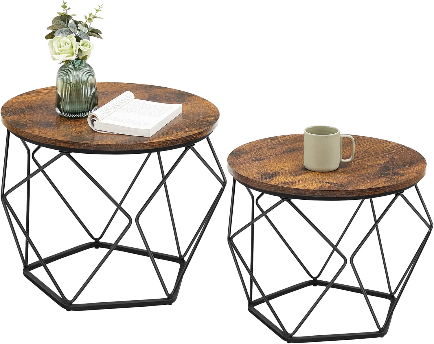 VASAGLE Small Coffee Table Set of 2, Round Coffee Table with Steel Frame, Side End Table for Living Room, Bedroom, Office, Rustic Brown and Ink Black - Grand Goldman
