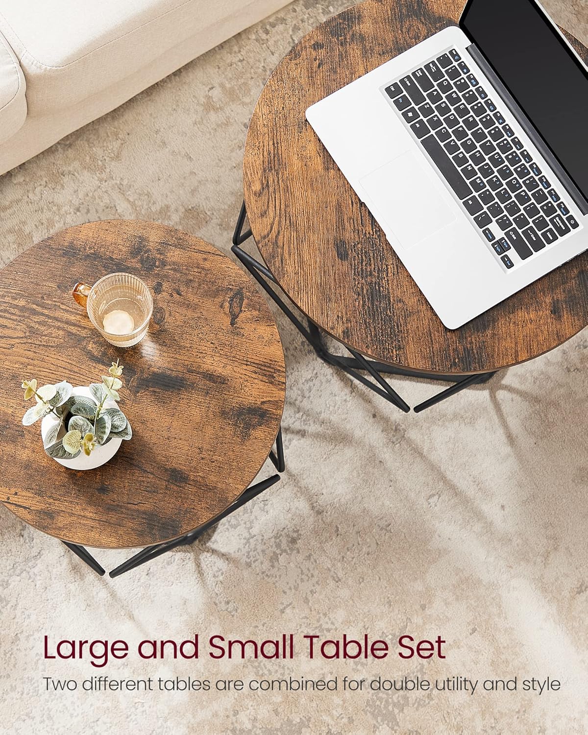 VASAGLE Small Coffee Table Set of 2, Round Coffee Table with Steel Frame, Side End Table for Living Room, Bedroom, Office, Rustic Brown and Ink Black - Grand Goldman