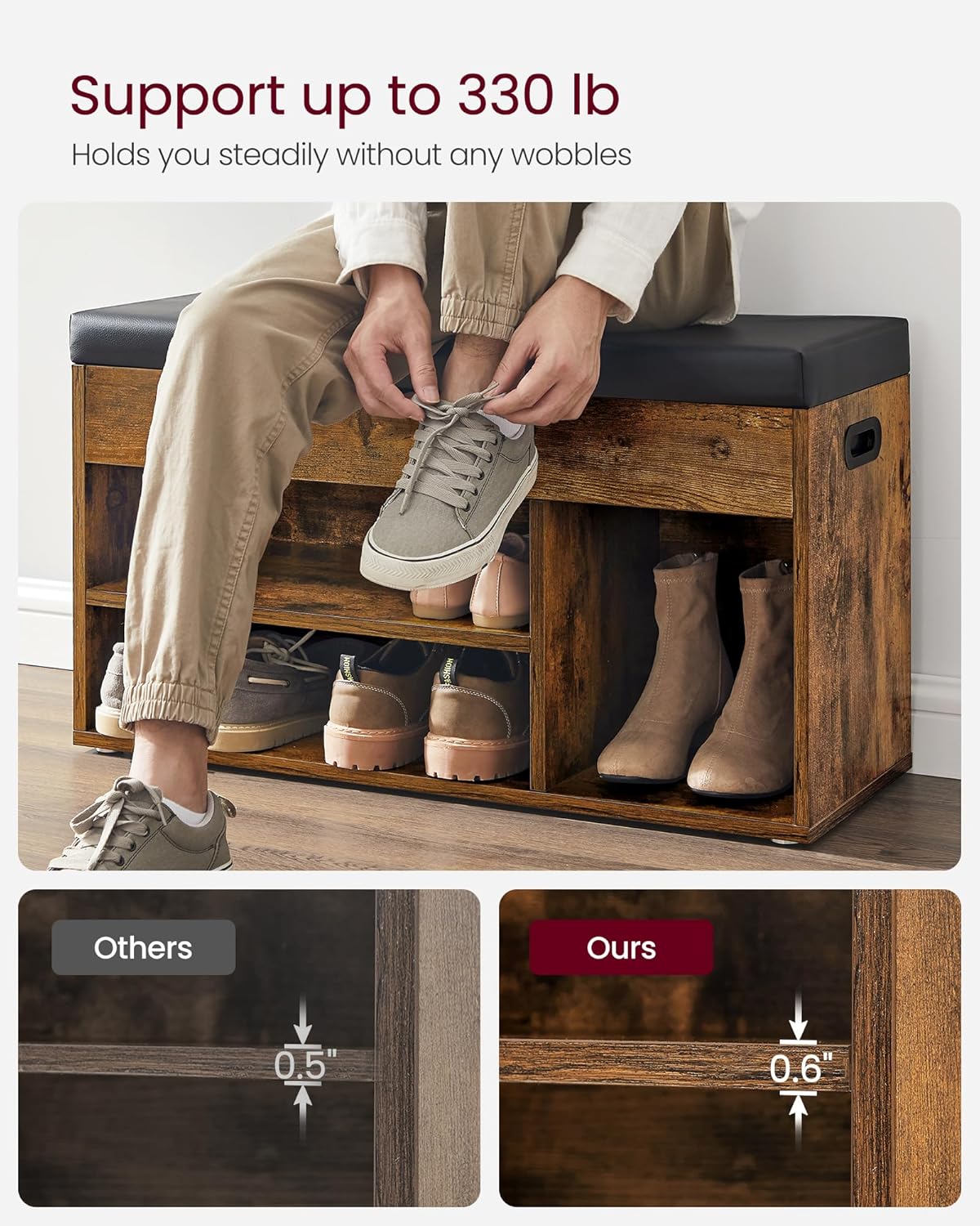 VASAGLE Storage Bench with Cushion, Shoe Bench with Padded Seat, 3 Compartments, Hidden Storage, Shelves, Hallway Bedroom, Load Capacity 330 lb, 11.8 x 31.5 x 17.3 Inches, Rustic Brown and Ink Black - Grand Goldman