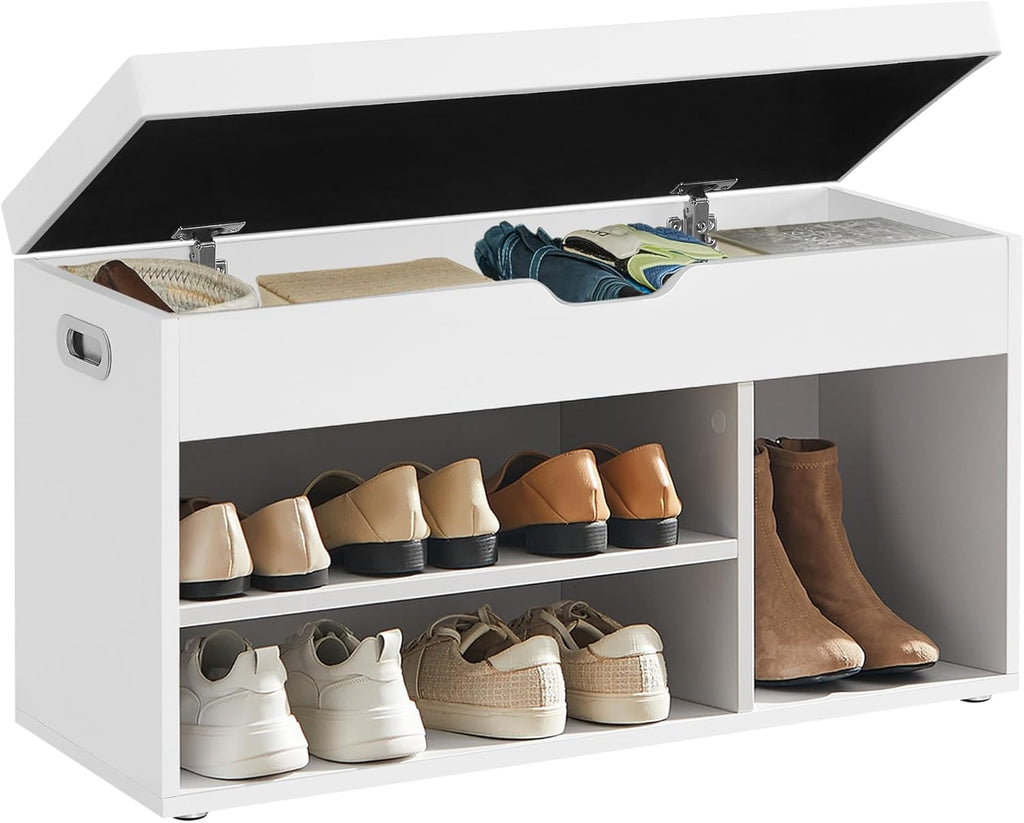 VASAGLE Storage Bench with Cushion, Shoe Bench with Padded Seat, 3 Compartments, Hidden Storage, Shelves, Hallway Bedroom, Load Capacity 330 lb, 11.8 x 31.5 x 17.3 Inches, Rustic Brown and Ink Black - Grand Goldman