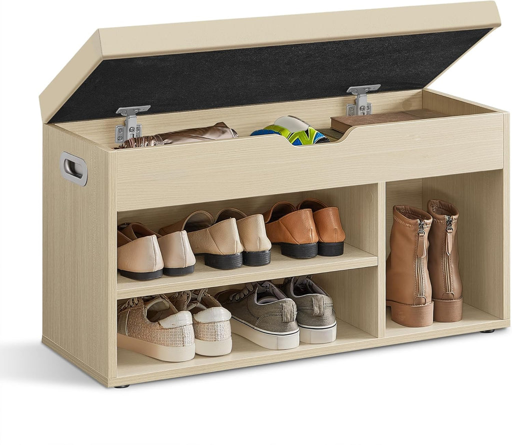 VASAGLE Storage Bench with Cushion, Shoe Bench with Padded Seat, 3 Compartments, Hidden Storage, Shelves, Hallway Bedroom, Load Capacity 330 lb, 11.8 x 31.5 x 17.3 Inches, Rustic Brown and Ink Black - Grand Goldman