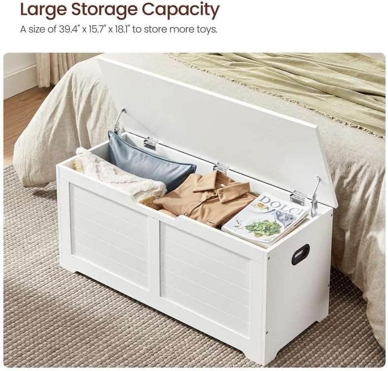 VASAGLE Storage Chest, Storage Trunk with 2 Safety Hinges, Storage Bench, Shoe Bench, Farmhouse Style, 15.7 x 39.4 x 18.1 Inches, for Entryway, Bedroom, Living Room, Cloud White ULSB061T10 - Grand Goldman