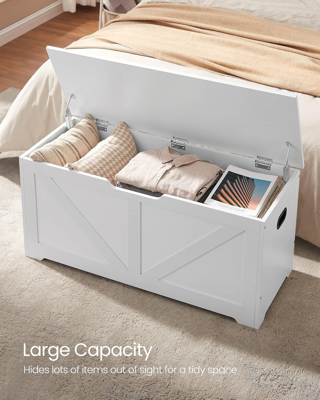 VASAGLE Storage Chest, Storage Trunk with 2 Safety Hinges, Storage Bench, Shoe Bench, Farmhouse Style, 15.7 x 39.4 x 18.1 Inches, for Entryway, Bedroom, Living Room, Cloud White ULSB060T14 - Grand Goldman