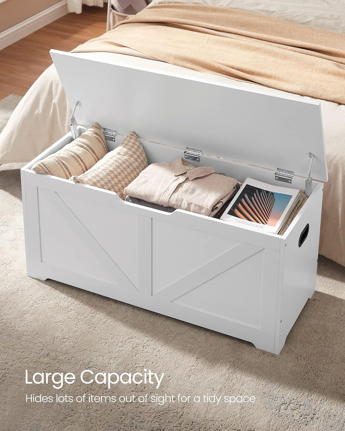 VASAGLE Storage Chest, Storage Trunk with 2 Safety Hinges, Storage Bench, Shoe Bench, Farmhouse Style, 15.7 x 39.4 x 18.1 Inches, for Entryway, Bedroom, Living Room, Cloud White ULSB060T14 - Grand Goldman