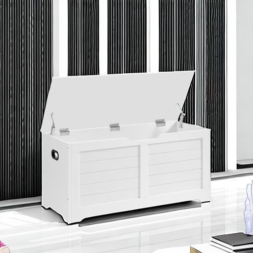 VASAGLE Storage Chest, Storage Trunk with 2 Safety Hinges, Storage Bench, Shoe Bench, Farmhouse Style, 15.7 x 39.4 x 18.1 Inches, for Entryway, Bedroom, Living Room, Cloud White ULSB061T10 - Grand Goldman