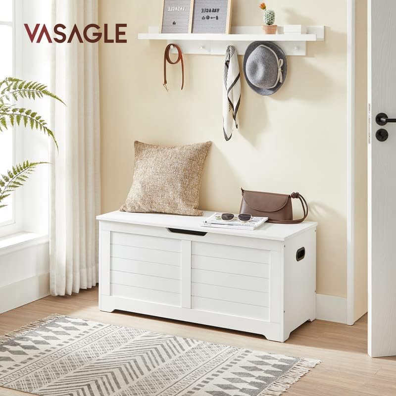 VASAGLE Storage Chest, Storage Trunk with 2 Safety Hinges, Storage Bench, Shoe Bench, Farmhouse Style, 15.7 x 39.4 x 18.1 Inches, for Entryway, Bedroom, Living Room, Cloud White ULSB061T10 - Grand Goldman