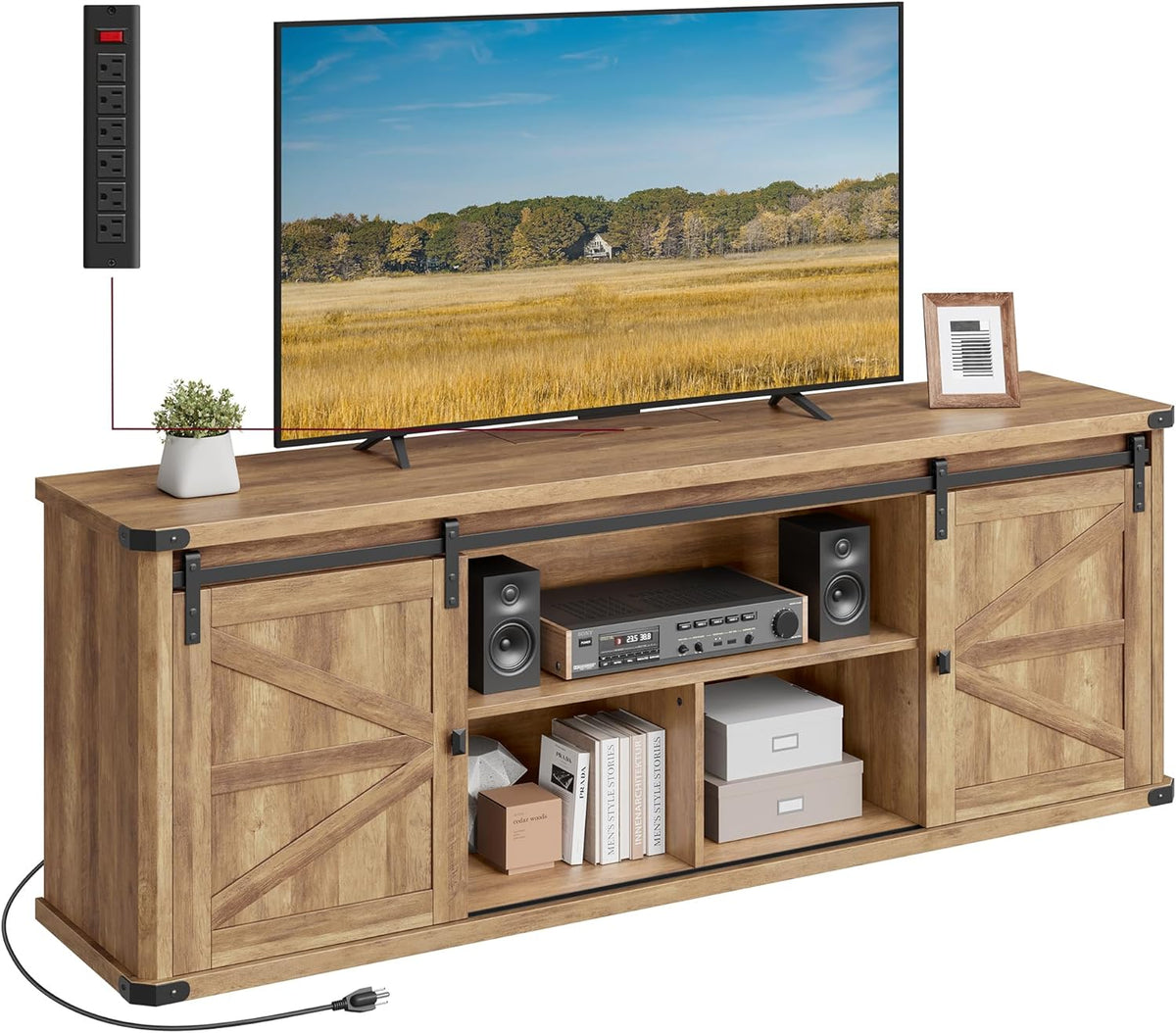 VASAGLE TV Stand for TVs up to 65 Inches, Farmhouse Entertainment Center with Sliding Barn Doors, TV Console Table for Living Room, Rustic White and Honey Brown ULTV324W73 - Grand Goldman