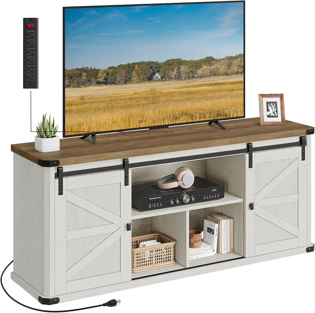 VASAGLE TV Stand for TVs up to 65 Inches, Farmhouse Entertainment Center with Sliding Barn Doors, TV Console Table for Living Room, Rustic White and Honey Brown ULTV324W73 - Grand Goldman