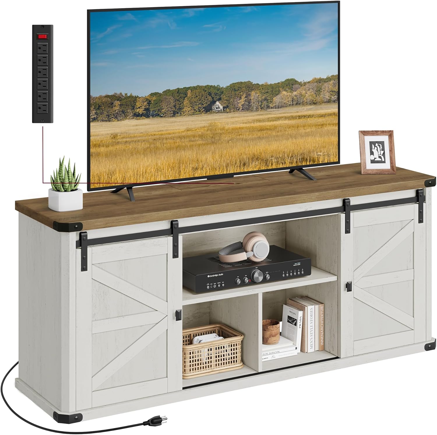 VASAGLE TV Stand for TVs up to 65 Inches, Farmhouse Entertainment Center with Sliding Barn Doors, TV Console Table for Living Room, Rustic White and Honey Brown ULTV324W73 - Grand Goldman