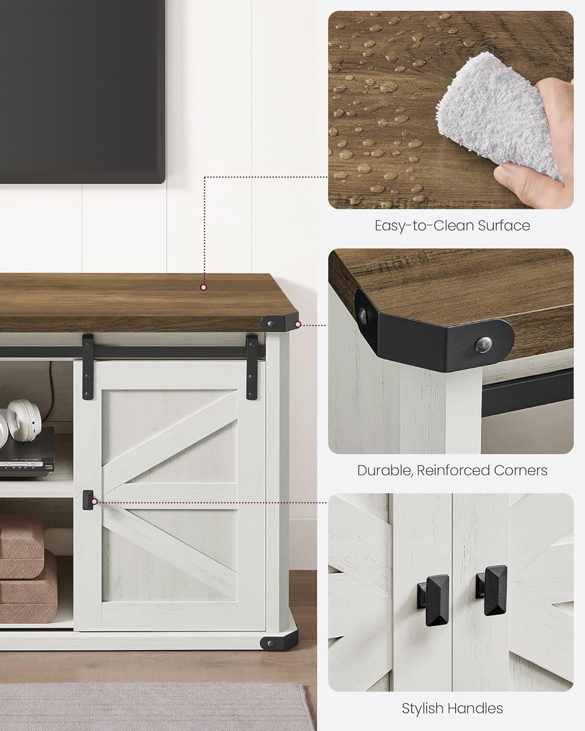 VASAGLE TV Stand for TVs up to 65 Inches, Farmhouse Entertainment Center with Sliding Barn Doors, TV Console Table for Living Room, Rustic White and Honey Brown ULTV324W73 - Grand Goldman