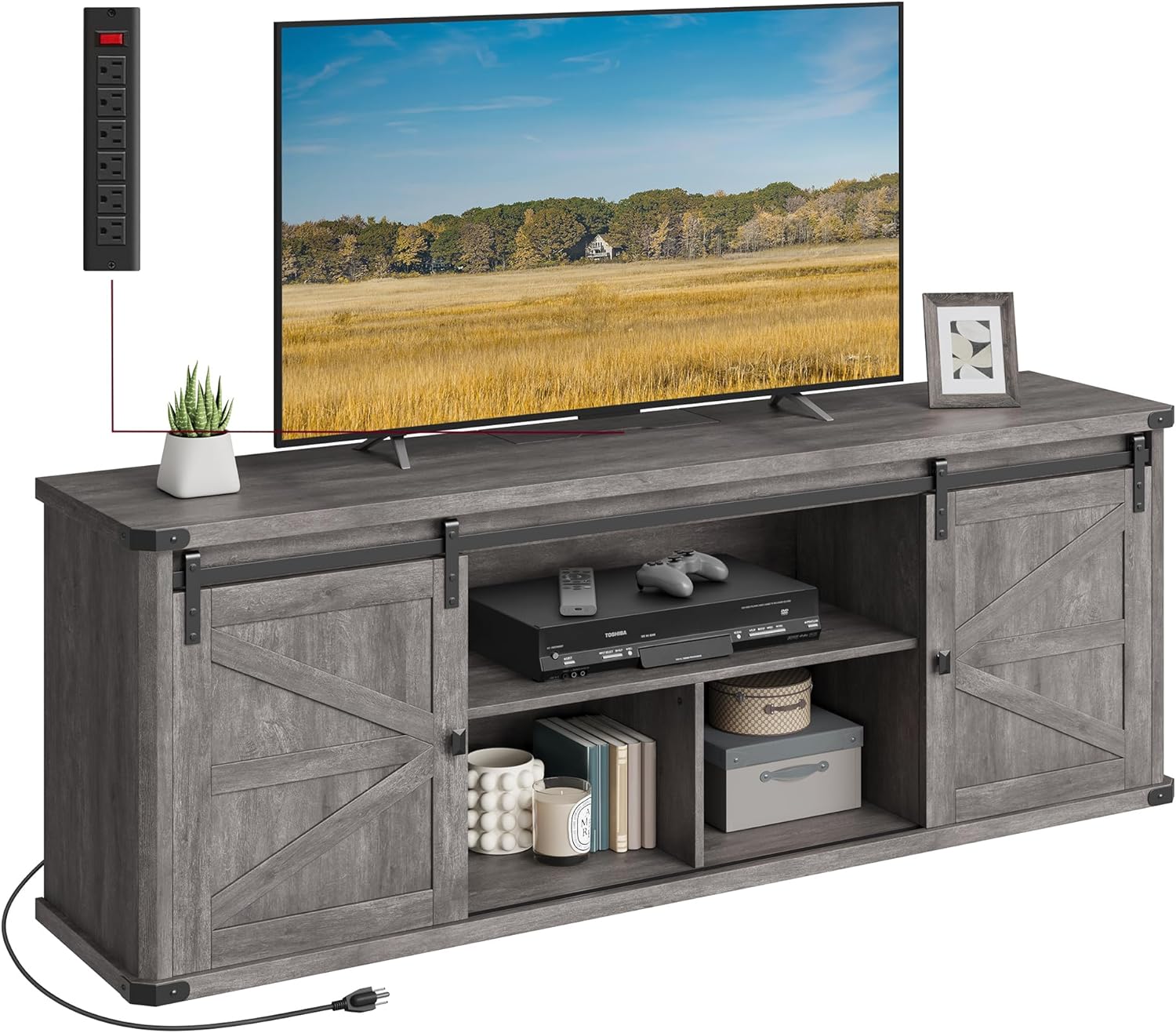 VASAGLE TV Stand for TVs up to 65 Inches, Farmhouse Entertainment Center with Sliding Barn Doors, TV Console Table for Living Room, Rustic White and Honey Brown ULTV324W73 - Grand Goldman