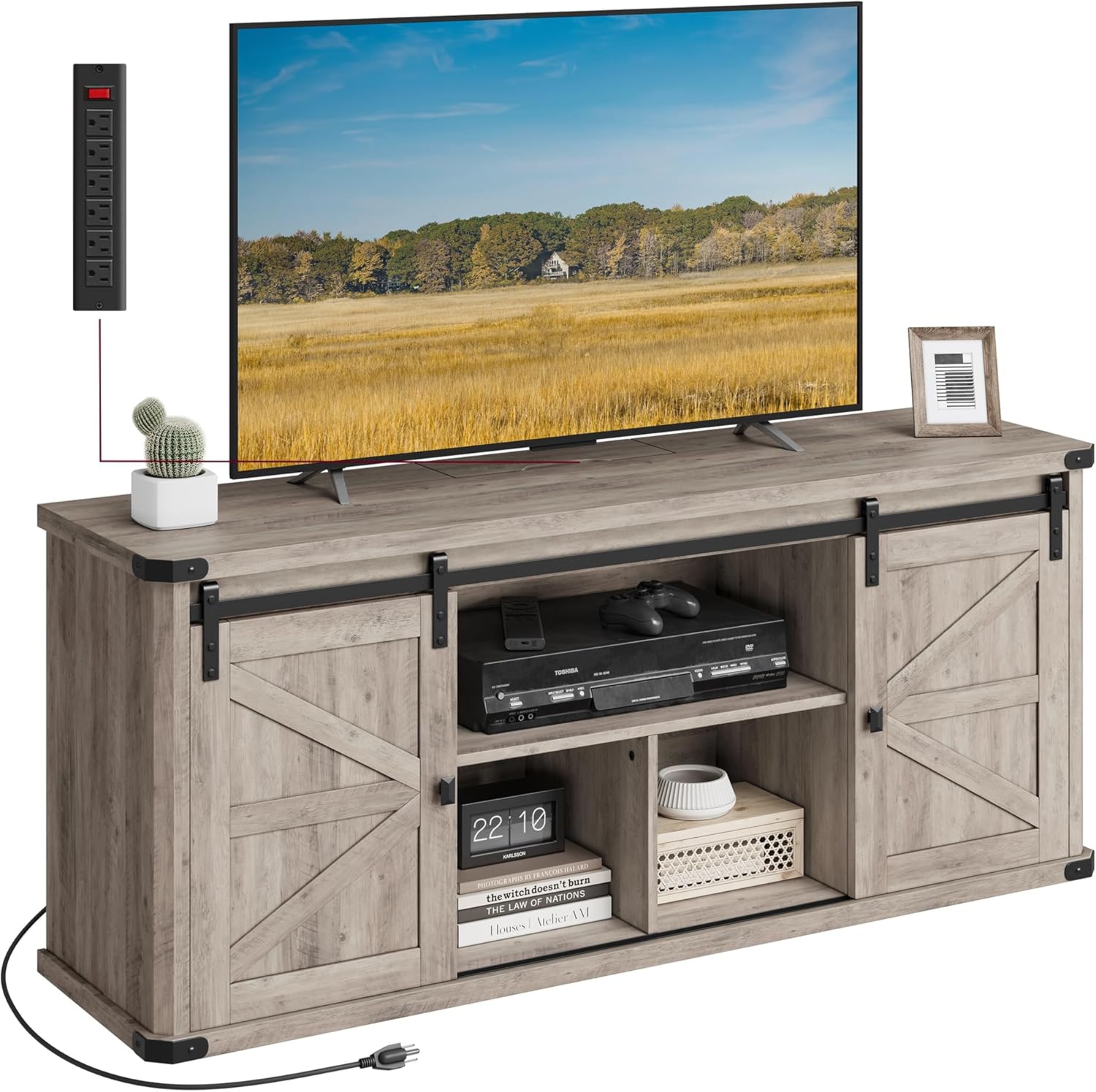 VASAGLE TV Stand for TVs up to 65 Inches, Farmhouse Entertainment Center with Sliding Barn Doors, TV Console Table for Living Room, Rustic White and Honey Brown ULTV324W73 - Grand Goldman