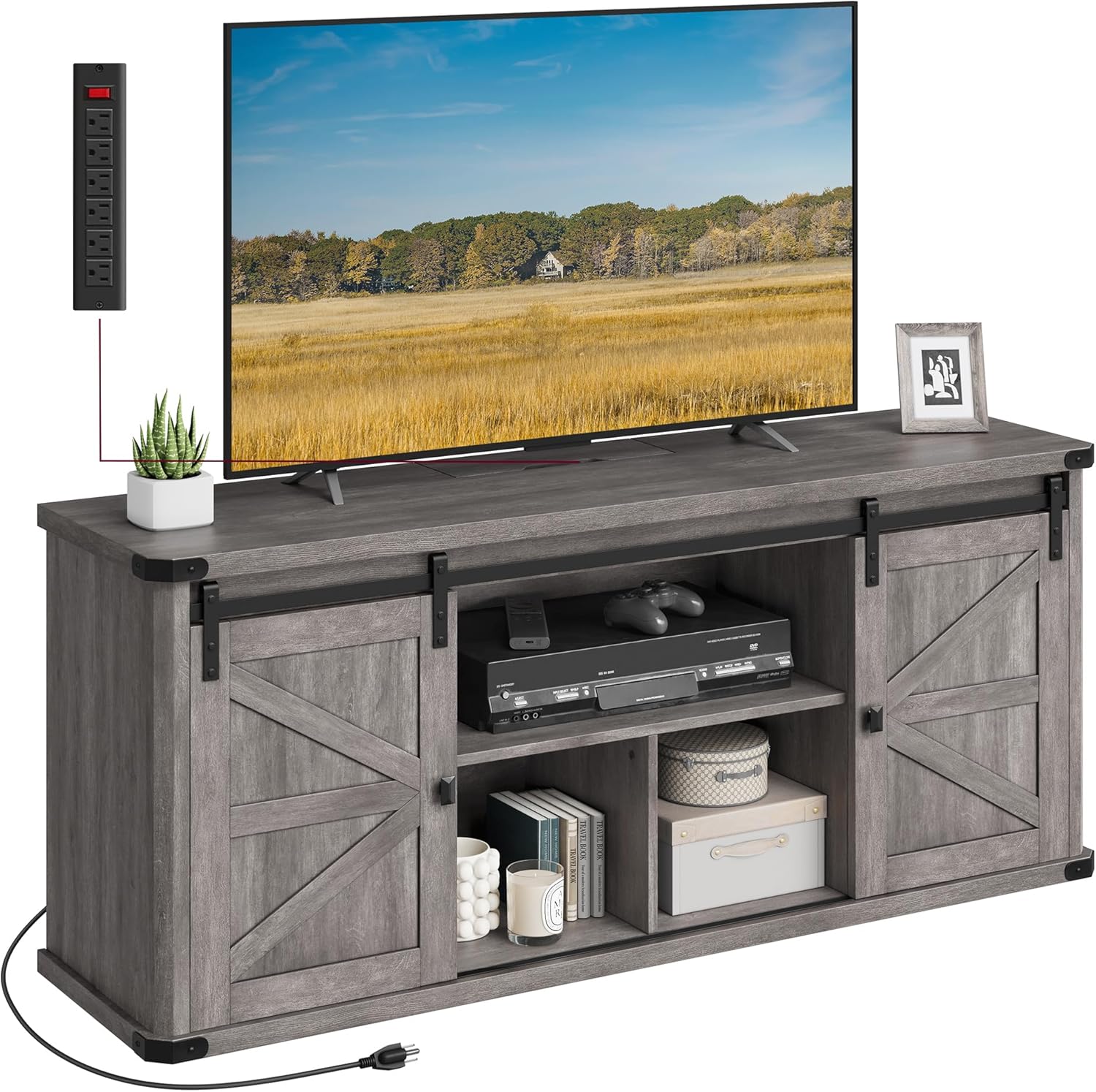 VASAGLE TV Stand for TVs up to 65 Inches, Farmhouse Entertainment Center with Sliding Barn Doors, TV Console Table for Living Room, Rustic White and Honey Brown ULTV324W73 - Grand Goldman