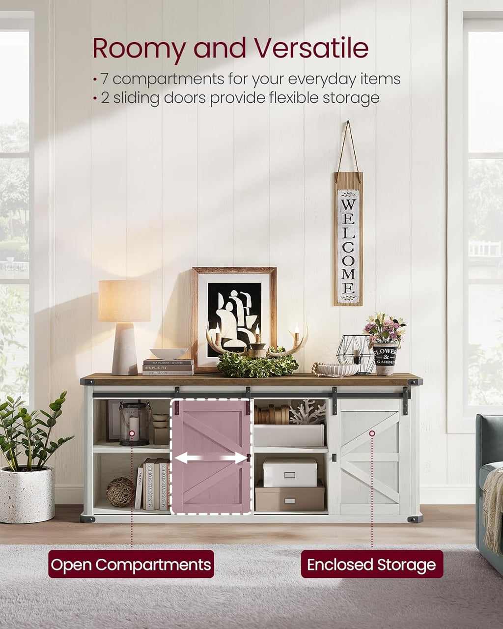 VASAGLE TV Stand for TVs up to 65 Inches, Farmhouse Entertainment Center with Sliding Barn Doors, TV Console Table for Living Room, Rustic White and Honey Brown ULTV324W73 - Grand Goldman