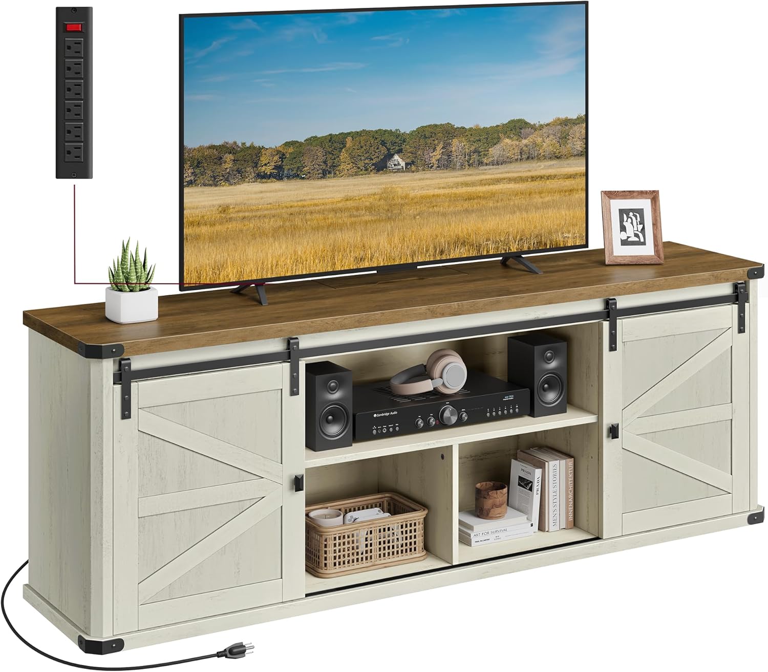 VASAGLE TV Stand for TVs up to 65 Inches, Farmhouse Entertainment Center with Sliding Barn Doors, TV Console Table for Living Room, Rustic White and Honey Brown ULTV324W73 - Grand Goldman