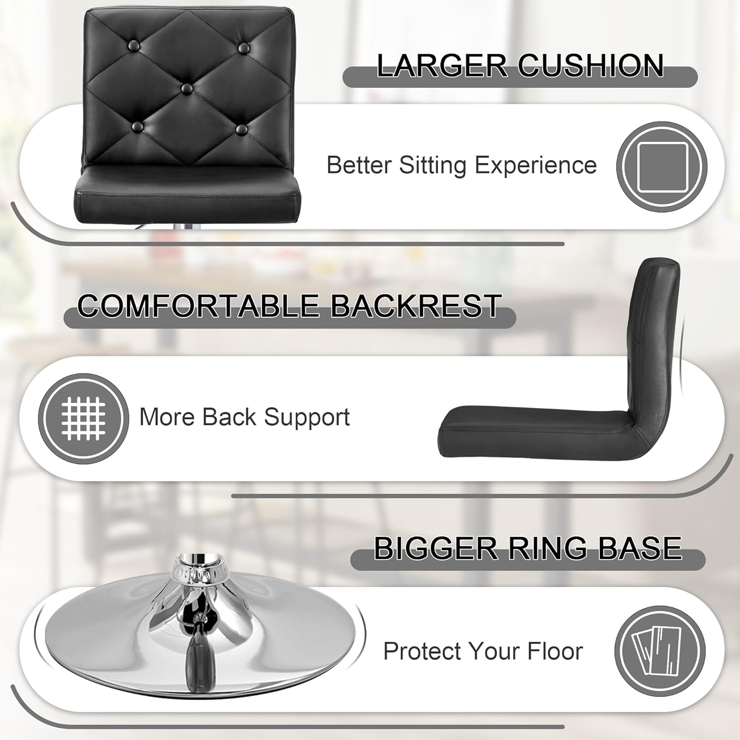 VECELO Bar Stools Set of 4, Modern PU Leather Adjustable Bar Stools with Back, 360° Swivel Bar Height Stools for Kitchen Counter Island, X-Large Size, 17.3" D x 16.5" W x 45" H, Black - Grand Goldman