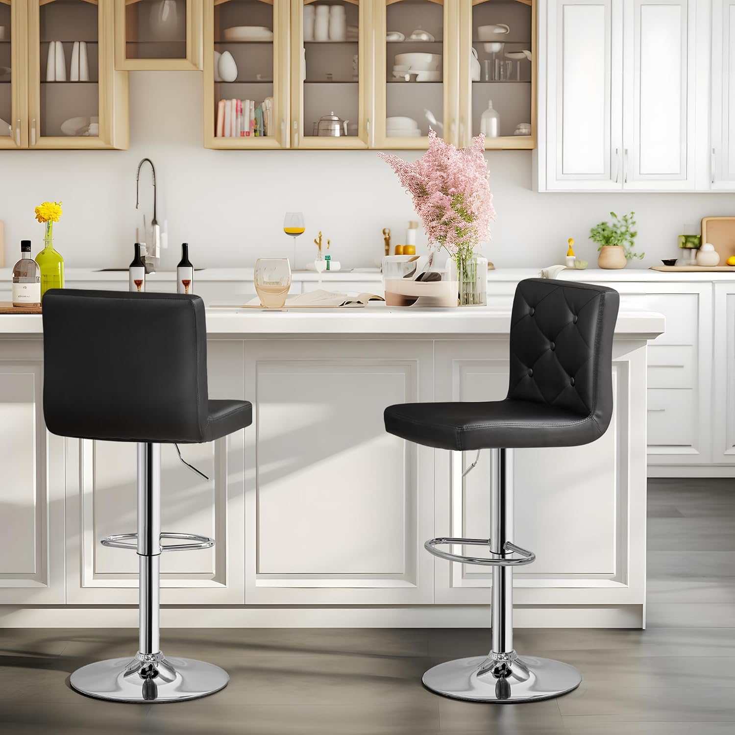 VECELO Bar Stools Set of 4, Modern PU Leather Adjustable Bar Stools with Back, 360° Swivel Bar Height Stools for Kitchen Counter Island, X-Large Size, 17.3" D x 16.5" W x 45" H, Black - Grand Goldman