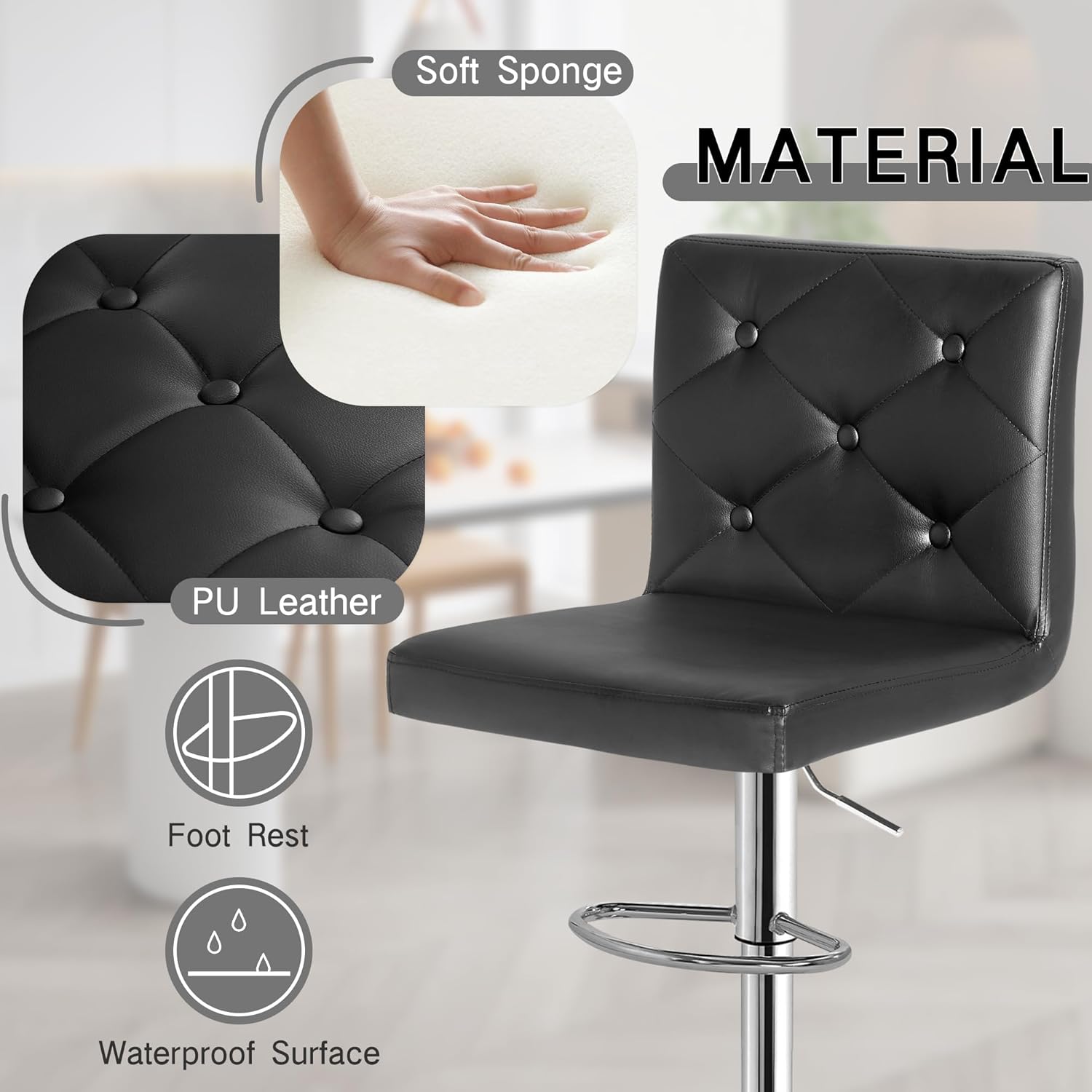 VECELO Bar Stools Set of 4, Modern PU Leather Adjustable Bar Stools with Back, 360° Swivel Bar Height Stools for Kitchen Counter Island, X-Large Size, 17.3" D x 16.5" W x 45" H, Black - Grand Goldman