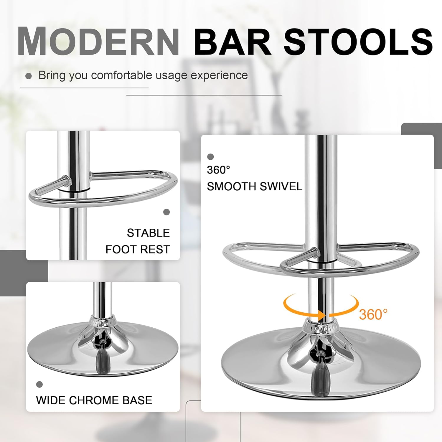 VECELO Bar Stools Set of 4, Modern PU Leather Adjustable Bar Stools with Back, 360° Swivel Bar Height Stools for Kitchen Counter Island, X-Large Size, 17.3" D x 16.5" W x 45" H, Black - Grand Goldman