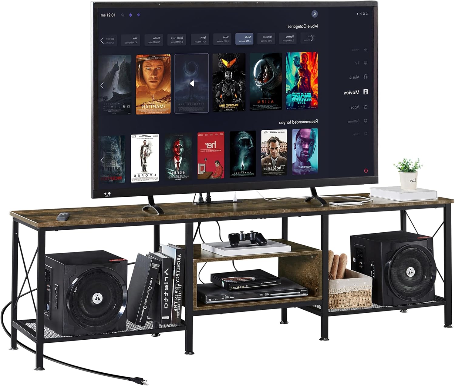 VECELO Industrial TV Stand for 65 Inch Television Cabinet 3-Tier Console with Open Storage Shelves, Entertainment Center Metal Frame for Living Room, Bedroom, 55 Inch, Dark Brown - Grand Goldman