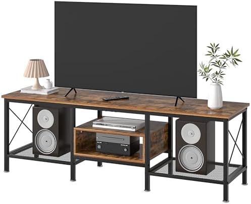 VECELO Industrial TV Stand for 65 Inch Television Cabinet 3-Tier Console with Open Storage Shelves, Entertainment Center Metal Frame for Living Room, Bedroom, 55 Inch, Dark Brown - Grand Goldman
