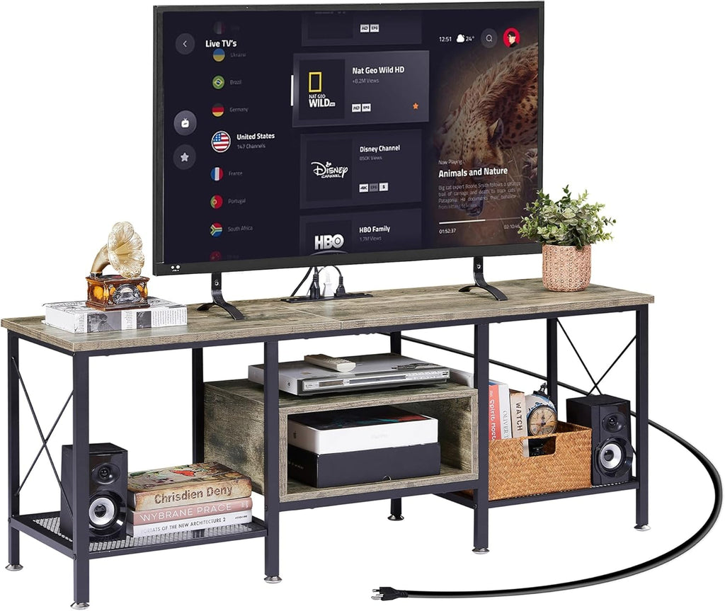 VECELO Industrial TV Stand for 65 Inch Television Cabinet 3-Tier Console with Open Storage Shelves, Entertainment Center Metal Frame for Living Room, Bedroom, 55 Inch, Dark Brown - Grand Goldman