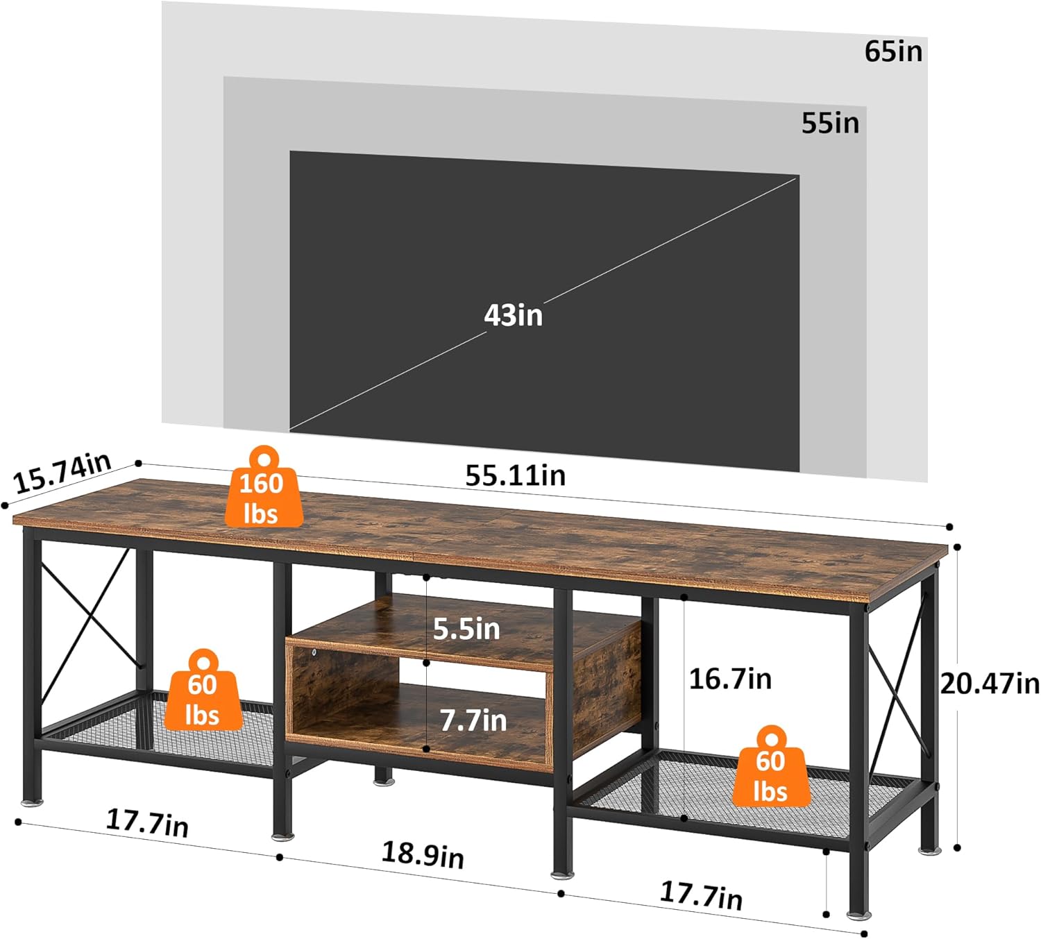 VECELO Industrial TV Stand for 65 Inch Television Cabinet 3-Tier Console with Open Storage Shelves, Entertainment Center Metal Frame for Living Room, Bedroom, 55 Inch, Dark Brown - Grand Goldman