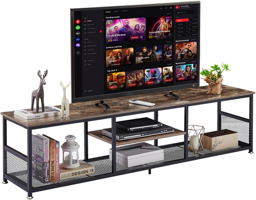VECELO Industrial TV Stand for Televisions up to 70 Inch, 62" Entertainment Center with Open Storage Shelves for Living Room/Bedroom, 3 Tiers Media Console Table with Metal Frame, Brown, 62 Inches - Grand Goldman