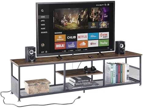 VECELO Industrial TV Stand for Televisions up to 70 Inch, 62" Entertainment Center with Open Storage Shelves for Living Room/Bedroom, 3 Tiers Media Console Table with Metal Frame, Brown, 62 Inches - Grand Goldman