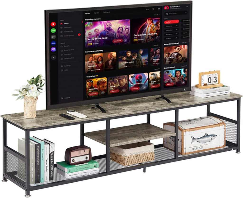 VECELO Industrial TV Stand for Televisions up to 70 Inch, 62" Entertainment Center with Open Storage Shelves for Living Room/Bedroom, 3 Tiers Media Console Table with Metal Frame, Brown, 62 Inches - Grand Goldman