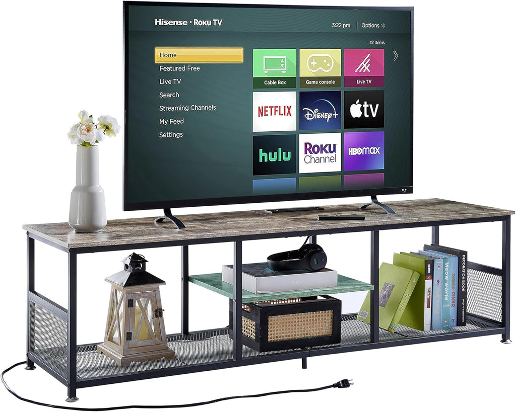 VECELO Industrial TV Stand for Televisions up to 70 Inch, 62" Entertainment Center with Open Storage Shelves for Living Room/Bedroom, 3 Tiers Media Console Table with Metal Frame, Brown, 62 Inches - Grand Goldman