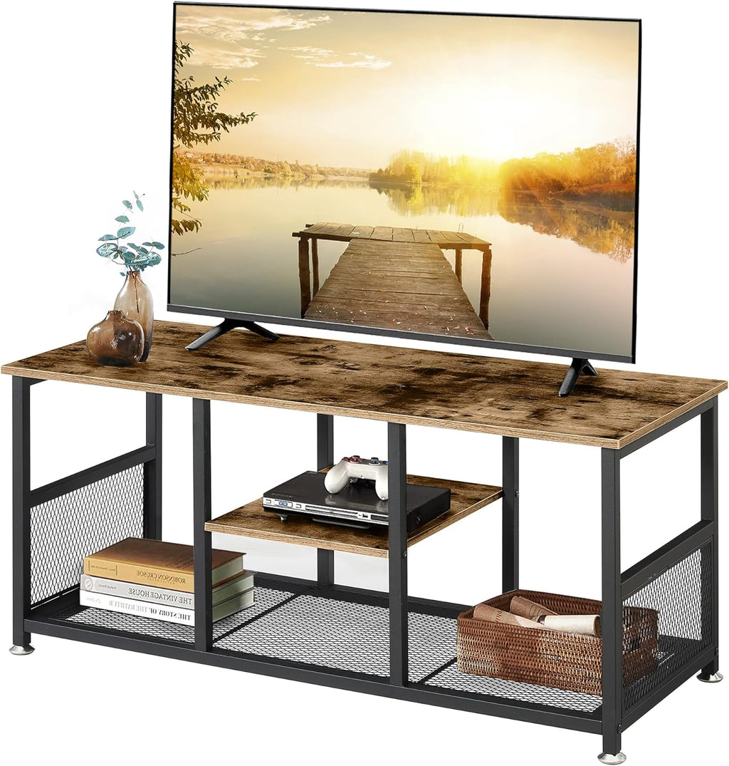 VECELO Industrial TV Stand for Televisions up to 70 Inch, 62" Entertainment Center with Open Storage Shelves for Living Room/Bedroom, 3 Tiers Media Console Table with Metal Frame, Brown, 62 Inches - Grand Goldman