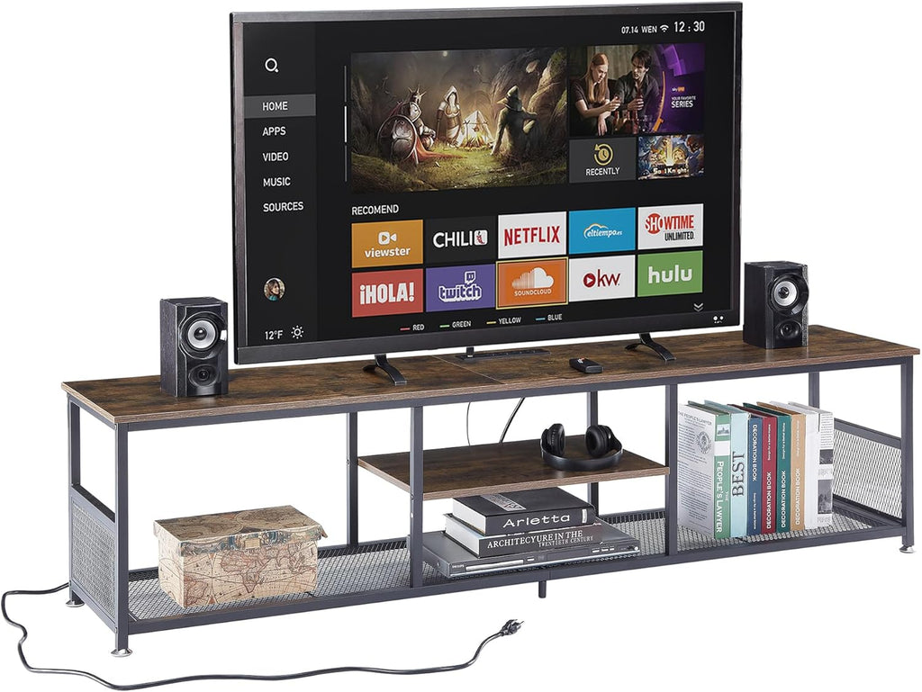 VECELO Industrial TV Stand for Televisions up to 70 Inch, 62" Entertainment Center with Open Storage Shelves for Living Room/Bedroom, 3 Tiers Media Console Table with Metal Frame, Brown, 62 Inches - Grand Goldman