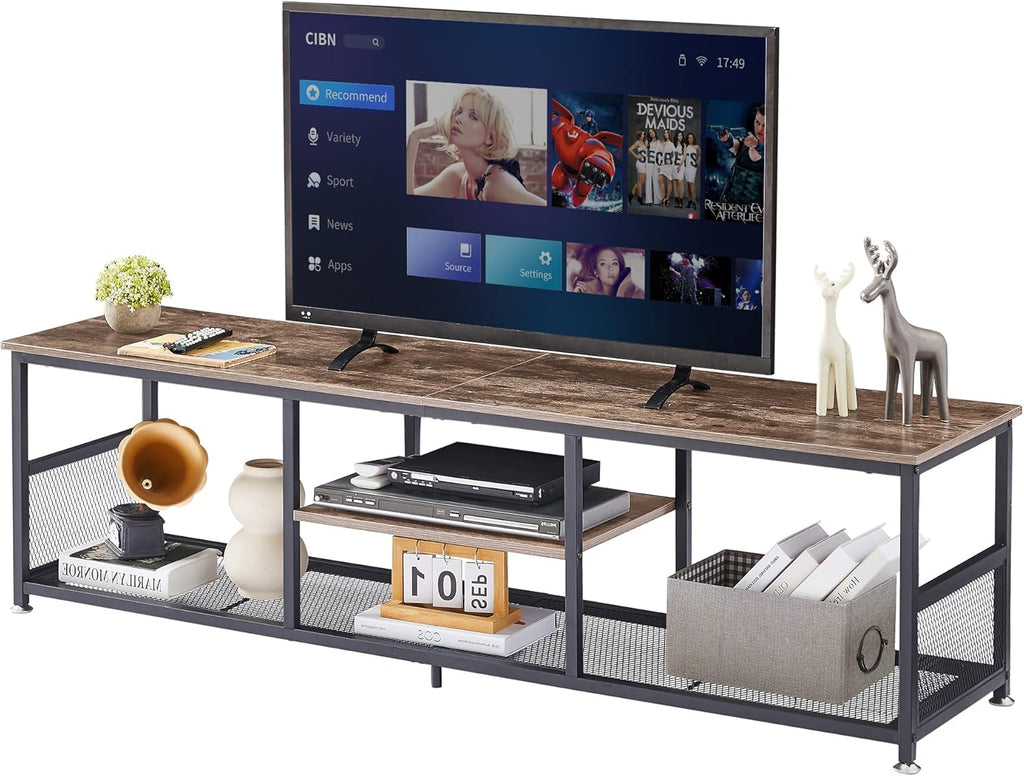 VECELO Industrial TV Stand for Televisions up to 70 Inch, 62" Entertainment Center with Open Storage Shelves for Living Room/Bedroom, 3 Tiers Media Console Table with Metal Frame, Brown, 62 Inches - Grand Goldman