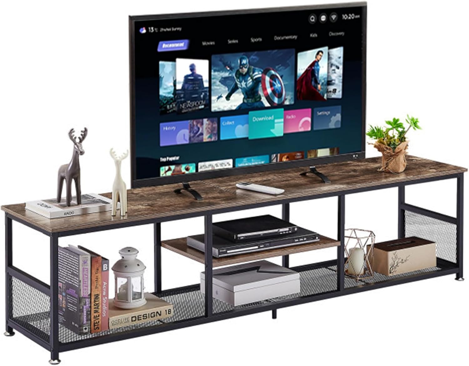 VECELO Industrial TV Stand for Televisions up to 70 Inch, 62" Entertainment Center with Open Storage Shelves for Living Room/Bedroom, 3 Tiers Media Console Table with Metal Frame, Brown, 62 Inches - Grand Goldman