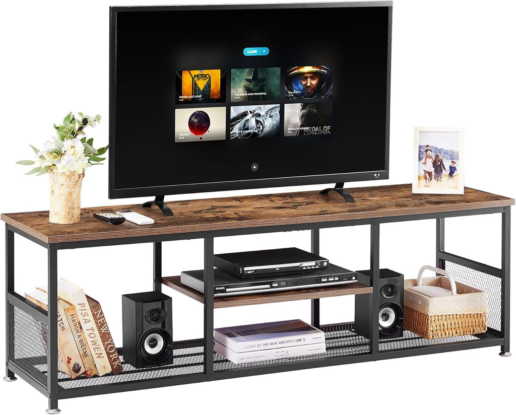 VECELO Industrial TV Stand for Televisions up to 70 Inch, 62" Entertainment Center with Open Storage Shelves for Living Room/Bedroom, 3 Tiers Media Console Table with Metal Frame, Brown, 62 Inches - Grand Goldman