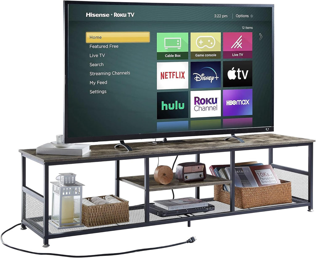 VECELO Industrial TV Stand for Televisions up to 70 Inch, 62" Entertainment Center with Open Storage Shelves for Living Room/Bedroom, 3 Tiers Media Console Table with Metal Frame, Brown, 62 Inches - Grand Goldman