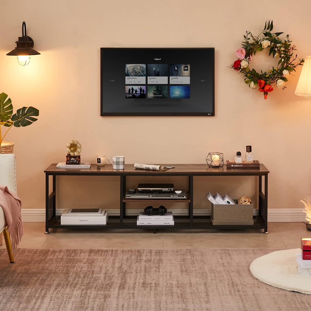 VECELO Industrial TV Stand for Televisions up to 70 Inch, 62" Entertainment Center with Open Storage Shelves for Living Room/Bedroom, 3 Tiers Media Console Table with Metal Frame, Brown, 62 Inches - Grand Goldman