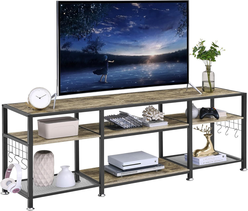 VECELO TV Stand with Power Outlets for Televisions Up to 75 Inch, Industrial Entertainment Center with 3-Tier Open Storage Shelves & Charging Station & Hooks for Living, Bedroom, 70 in, Rustic Brown - Grand Goldman