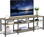 VECELO TV Stand with Power Outlets for Televisions Up to 75 Inch, Industrial Entertainment Center with 3-Tier Open Storage Shelves & Charging Station & Hooks for Living, Bedroom, 70 in, Rustic Brown - Grand Goldman
