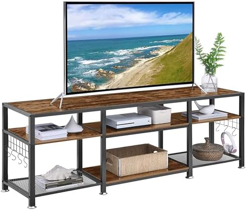 VECELO TV Stand with Power Outlets for Televisions Up to 75 Inch, Industrial Entertainment Center with 3-Tier Open Storage Shelves & Charging Station & Hooks for Living, Bedroom, 70 in, Rustic Brown - Grand Goldman