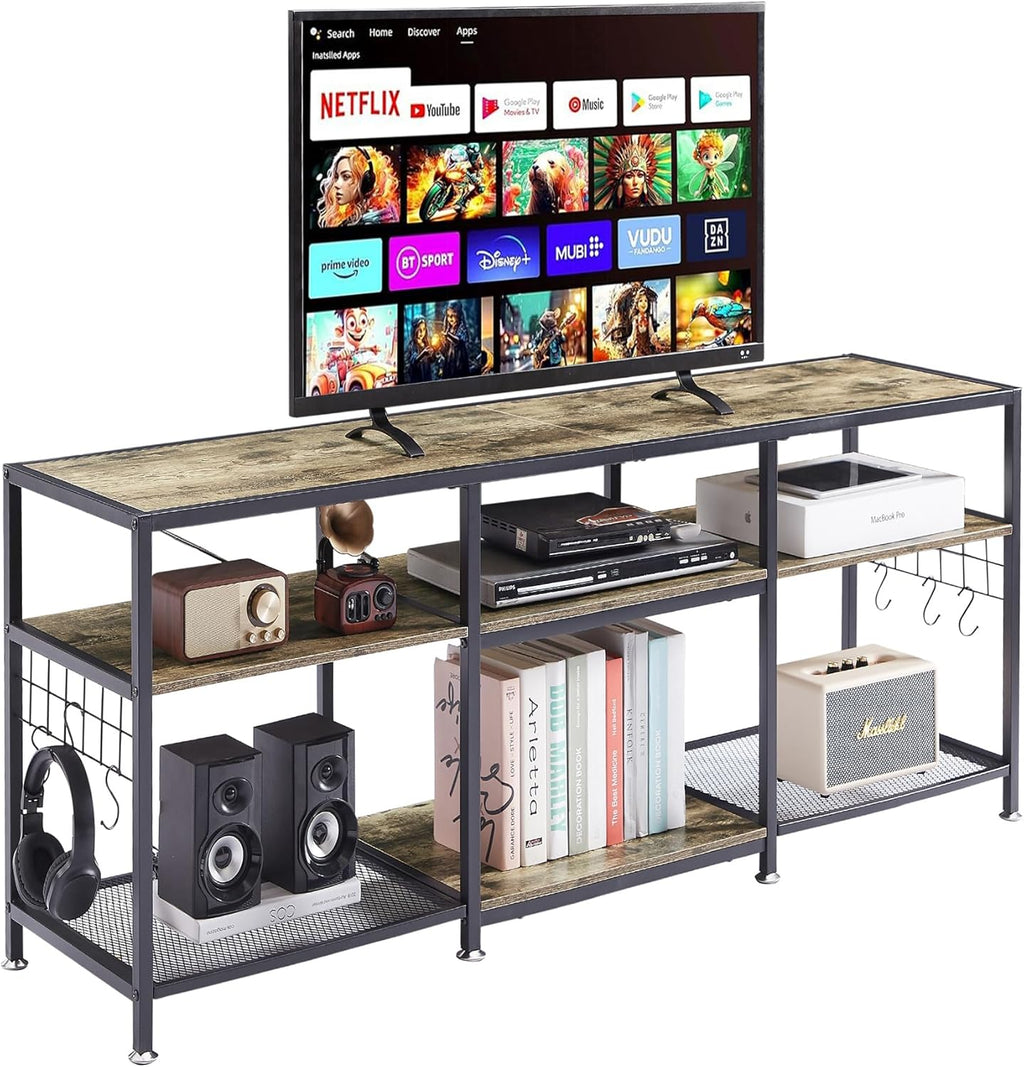 VECELO TV Stand with Power Outlets for Televisions Up to 75 Inch, Industrial Entertainment Center with 3-Tier Open Storage Shelves & Charging Station & Hooks for Living, Bedroom, 70 in, Rustic Brown - Grand Goldman