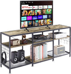 VECELO TV Stand with Power Outlets for Televisions Up to 75 Inch, Industrial Entertainment Center with 3-Tier Open Storage Shelves & Charging Station & Hooks for Living, Bedroom, 70 in, Rustic Brown - Grand Goldman