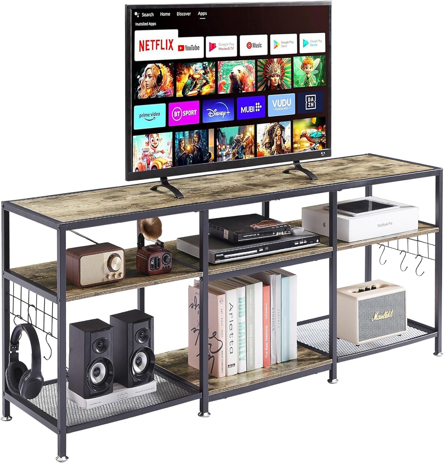 VECELO TV Stand with Power Outlets for Televisions Up to 75 Inch, Industrial Entertainment Center with 3-Tier Open Storage Shelves & Charging Station & Hooks for Living, Bedroom, 70 in, Rustic Brown - Grand Goldman