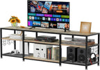 VECELO TV Stand with Power Outlets for Televisions Up to 75 Inch, Industrial Entertainment Center with 3-Tier Open Storage Shelves & Charging Station & Hooks for Living, Bedroom, 70 in, Rustic Brown - Grand Goldman