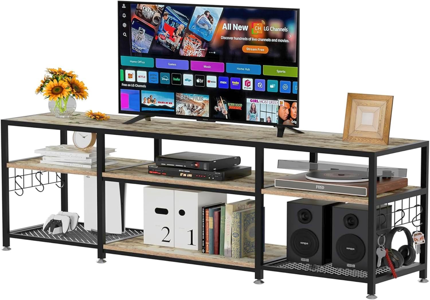 VECELO TV Stand with Power Outlets for Televisions Up to 75 Inch, Industrial Entertainment Center with 3-Tier Open Storage Shelves & Charging Station & Hooks for Living, Bedroom, 70 in, Rustic Brown - Grand Goldman