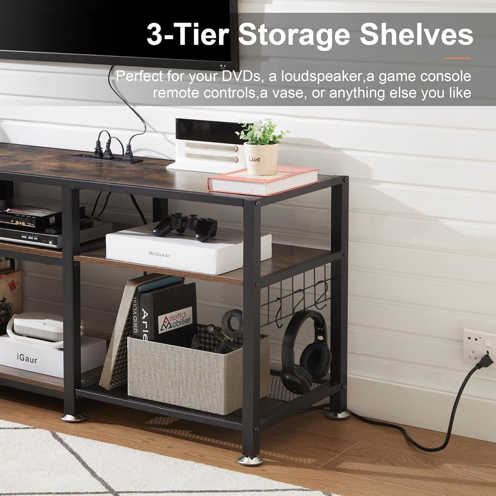 VECELO TV Stand with Power Outlets for Televisions Up to 75 Inch, Industrial Entertainment Center with 3-Tier Open Storage Shelves & Charging Station & Hooks for Living, Bedroom, 70 in, Rustic Brown - Grand Goldman